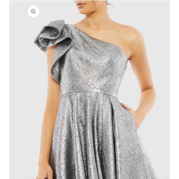 MAC DUGGAL One Shoulder Bow Midi Dress Size 2 Silver NEW Party Formal Wedding - Picture 5 of 14